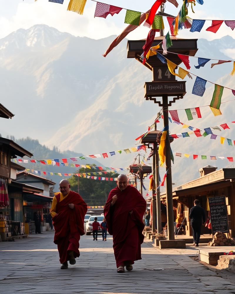 Monks walking under prayer flags in Dharamshala