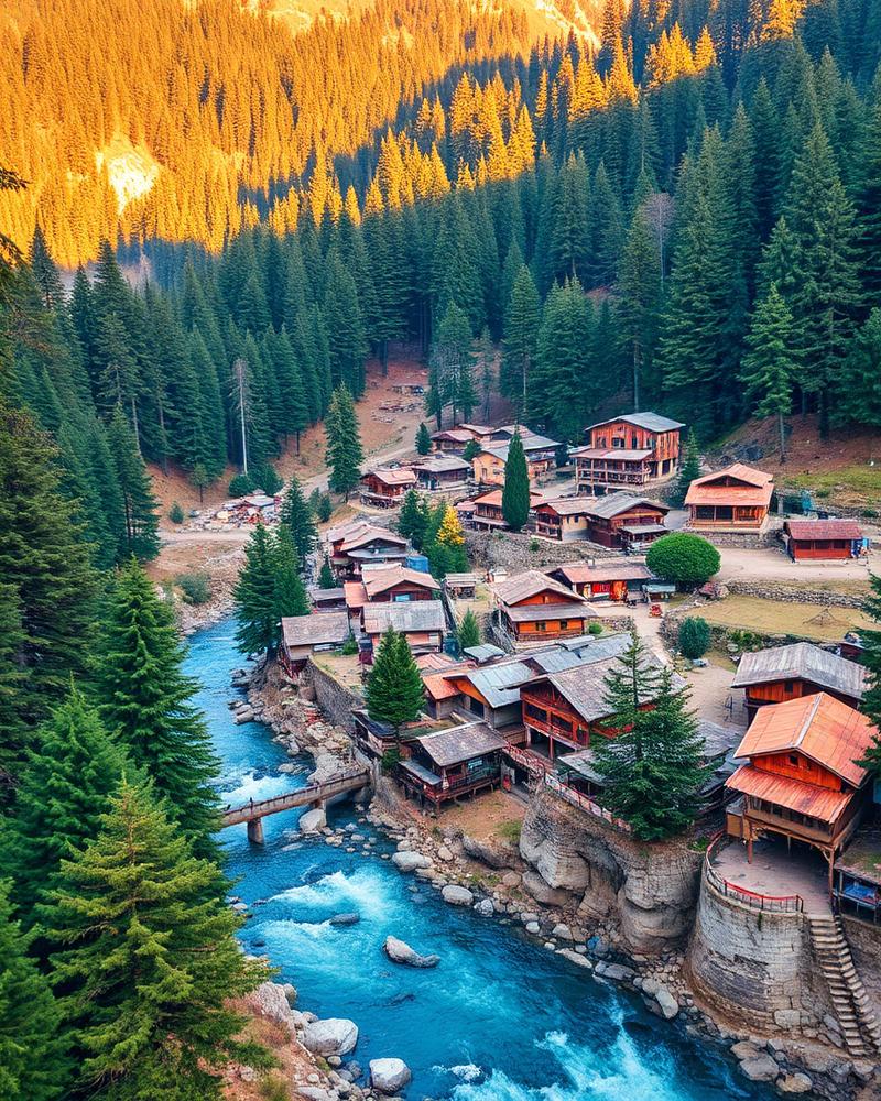 Wooden village beside a river in Jibhi